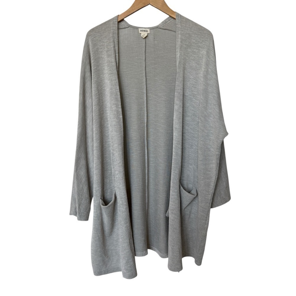 DONNI Women's Gray Ribbed Open Front Cardigan with Pockets Stretch Cozy Casual